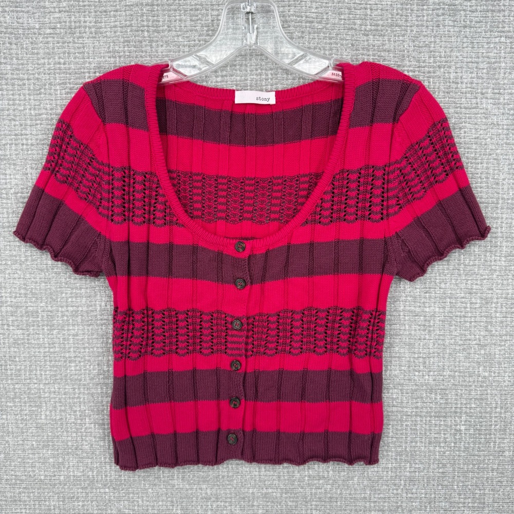 Y2K Stony Short Sleeve Button Up Cardigan Sweater Womens XS Red Purple Striped